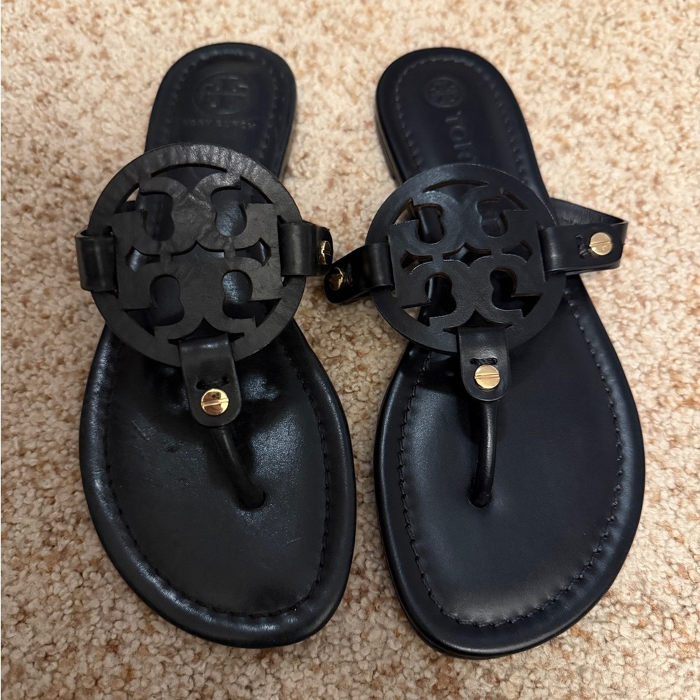 Tory Burch Miller Sandal Black Leather Sandals with Logo Accent - 6.5